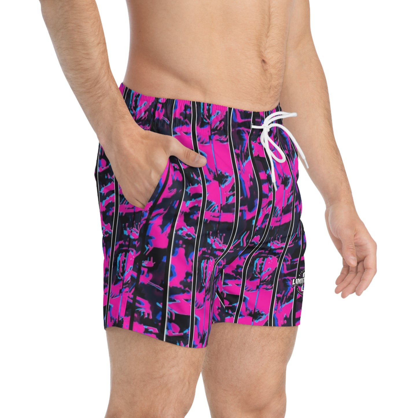 LimitZero Pink 90s Captain Camo Surf Shorts with Grey Graffiti Pockets