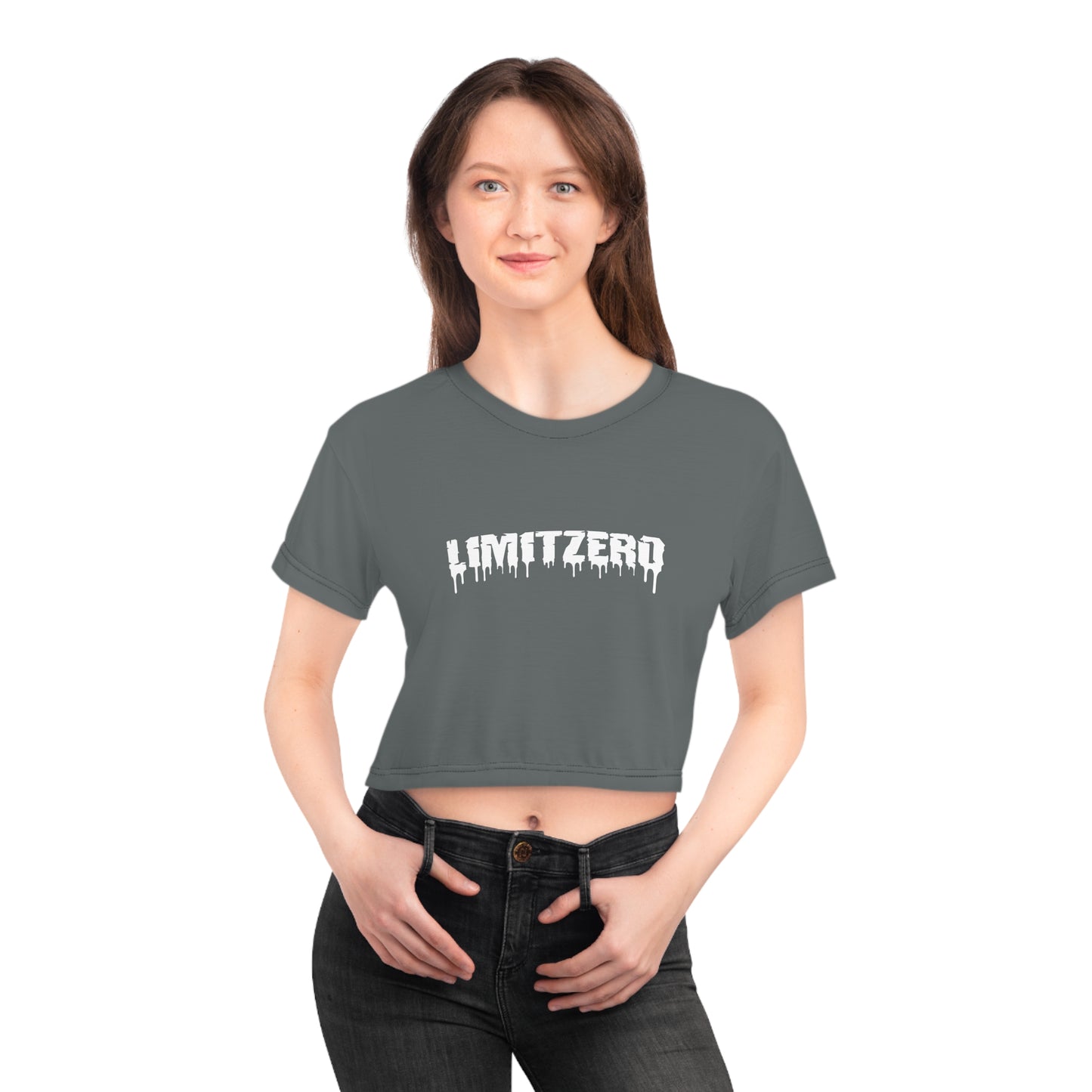 LimitZero Women`s Grey Plain New Era Front Drip Logo Crop Tee (DTG)