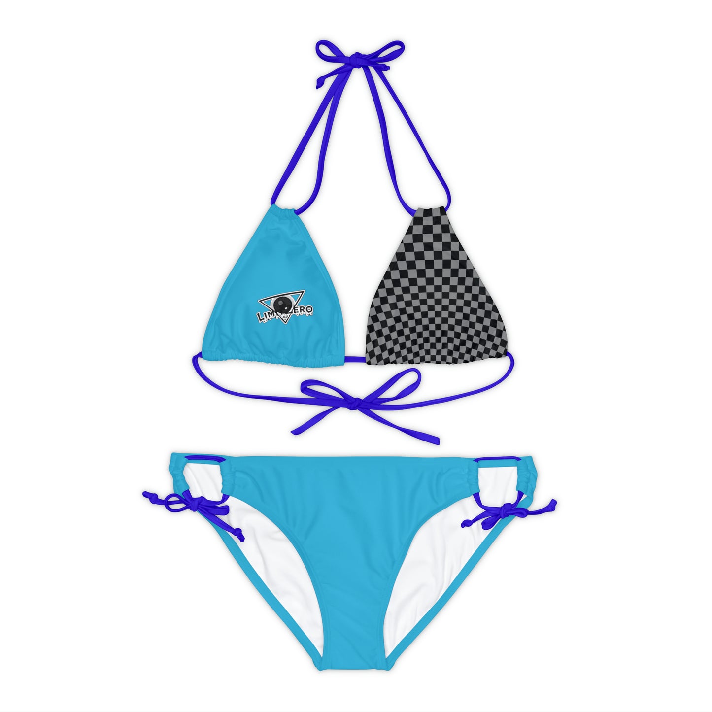 LimitZero Blue/Grey Half-Checkered-Top Strap Bikini Set (Plain Bottom)