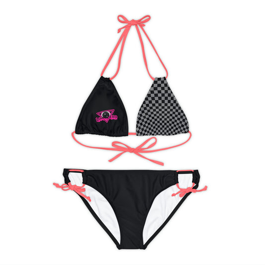 LimitZero Grey Half-Checkered-Top Pink Strap Bikini Set (Plain Bottom)