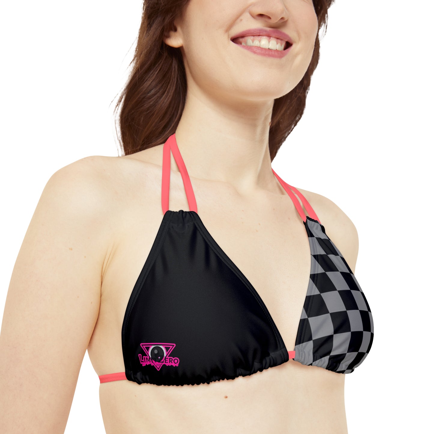 LimitZero Grey Half Checkered Pink V2 Strappy Triangle Bikini Top