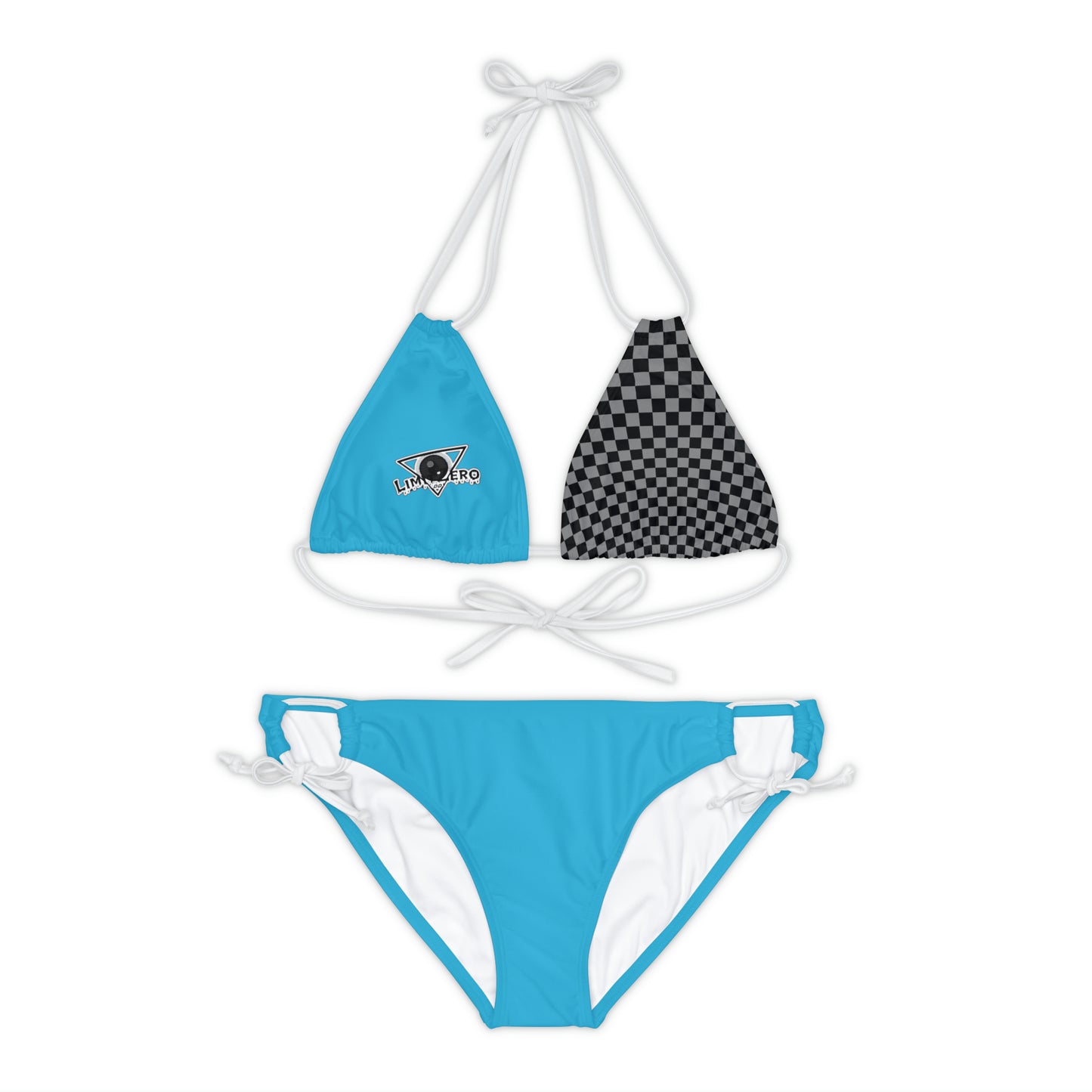 LimitZero Blue/Grey Half-Checkered-Top Strap Bikini Set (Plain Bottom)