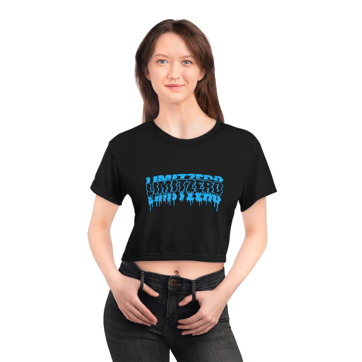 LimitZero Women`s Plain New Era Blue Glitch Logo Crop Tee (DTG)