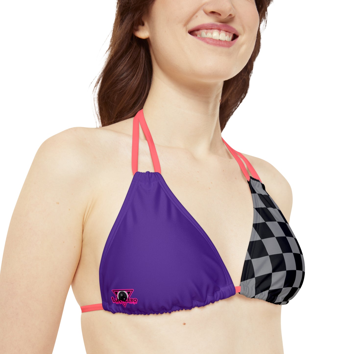 LimitZero Half Checkered Purple Strappy Triangle Bikini Top