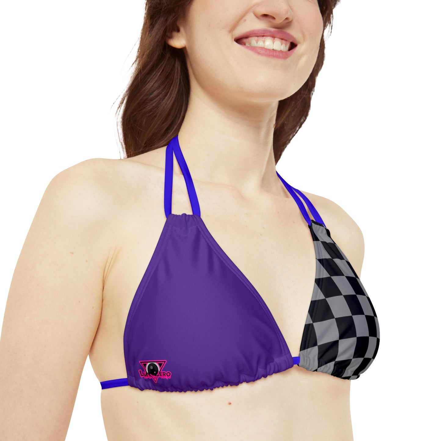 LimitZero Half Checkered Purple Strappy Triangle Bikini Top