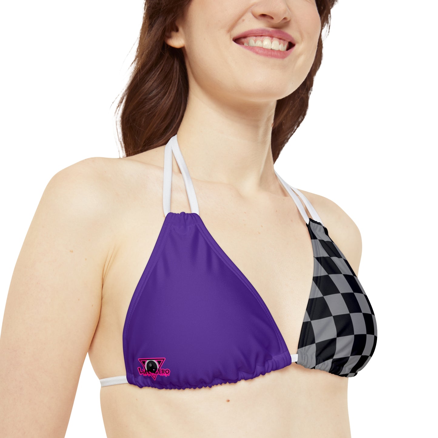 LimitZero Half Checkered Purple Strappy Triangle Bikini Top