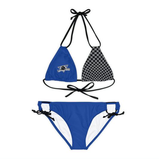 LimitZero Dark Blue/Grey Half-Checkered-Top Strap Bikini Set (Plain Bottom)