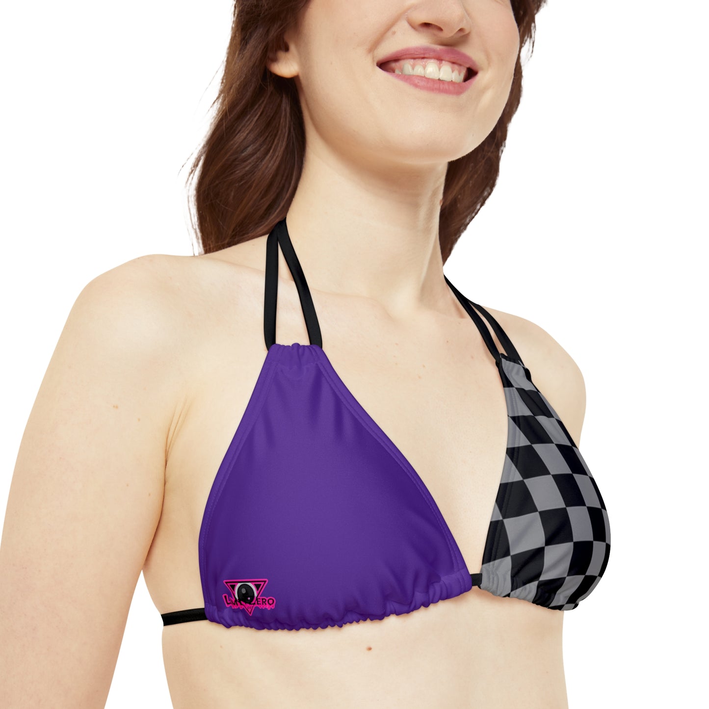 LimitZero Half Checkered Purple Strappy Triangle Bikini Top